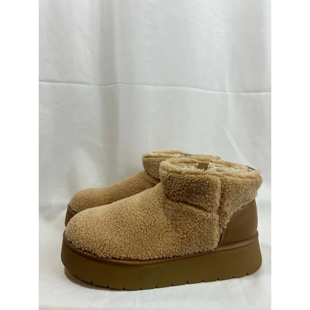 Wild Fable‎ Tan Faux Shearling Borg Platform Ankle Boots Size 11 Side Zip New